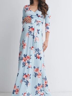 Sky Blue Floral Wrap Maxi Maternity Nursing Dress NEW WITH TAGS